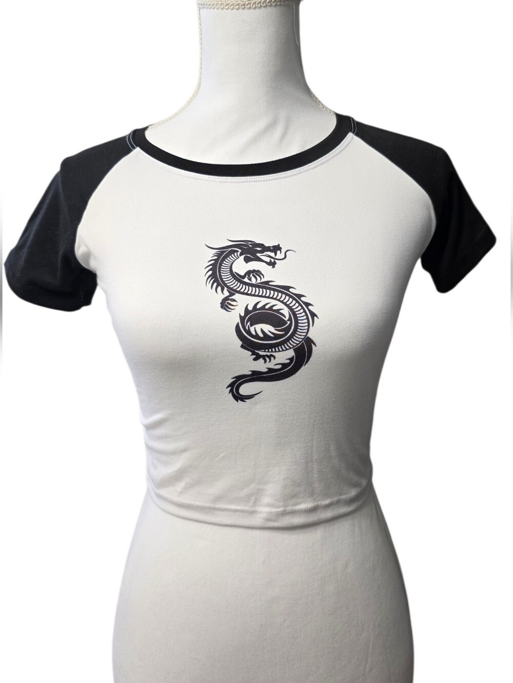 White & Black Dragon Raglan Crop Top